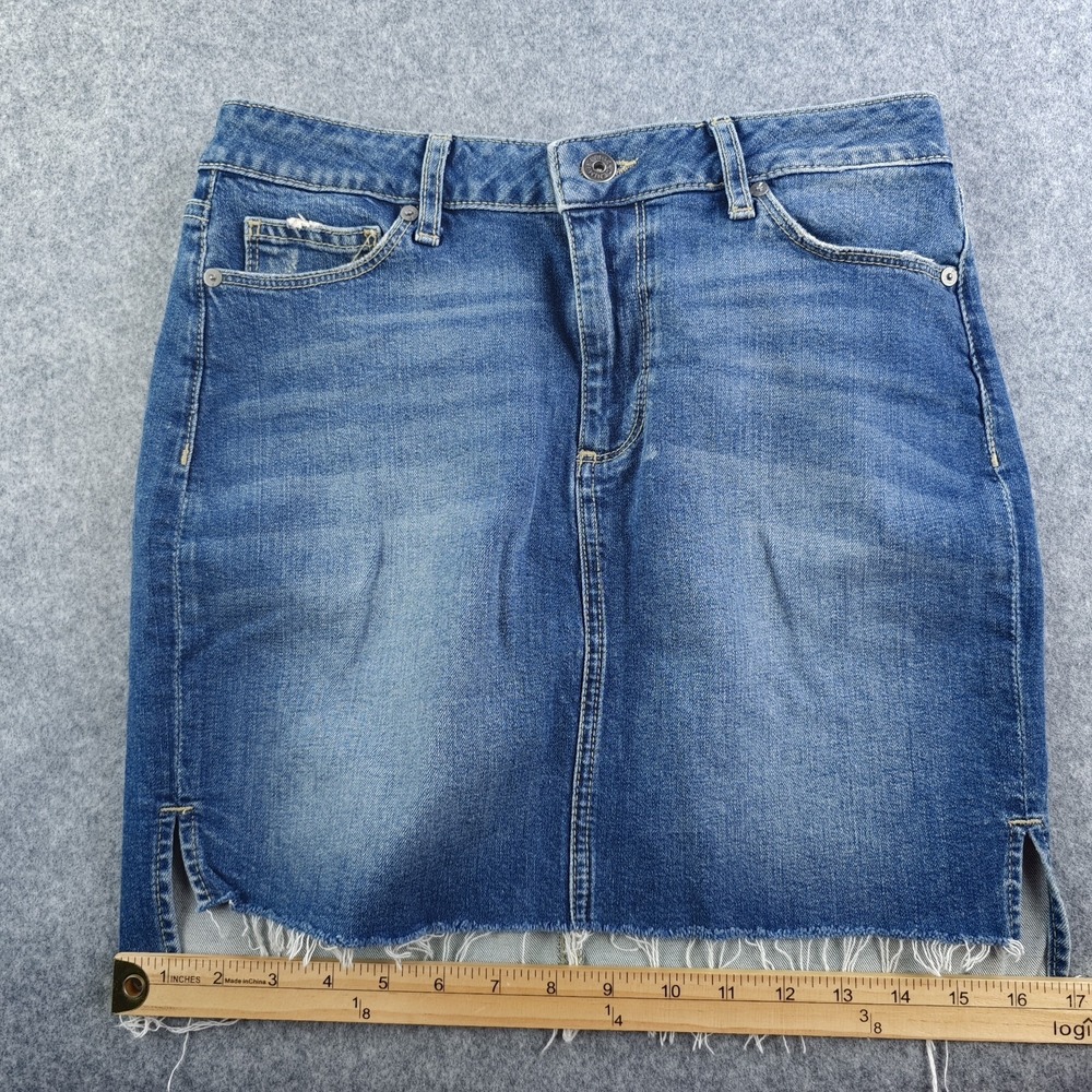 Paige Denim Mini Skirt 27 Blue Medium Wash Raw Frayed Hem Stretch - Picture 6 of 8